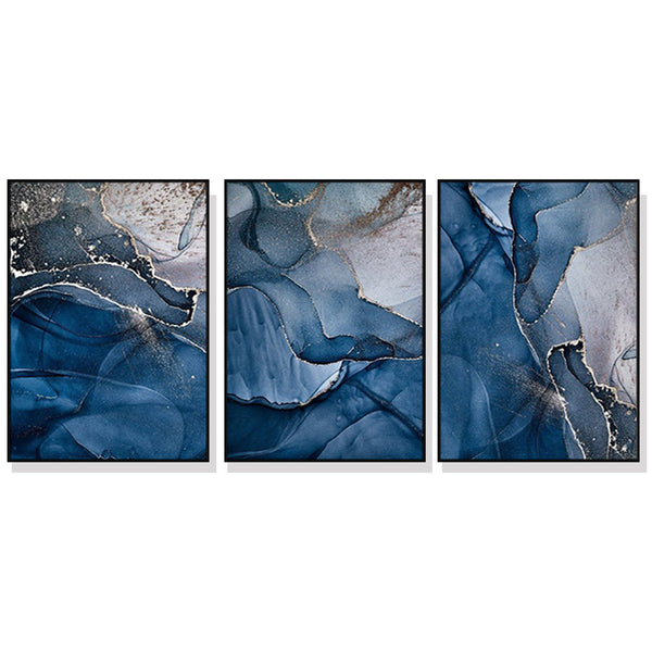 70Cmx100cm Blue Gold Marble 3 Sets Black Frame Canvas Wall Art