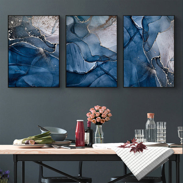 70Cmx100cm Blue Gold Marble 3 Sets Black Frame Canvas Wall Art