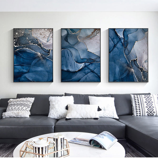 70Cmx100cm Blue Gold Marble 3 Sets Black Frame Canvas Wall Art