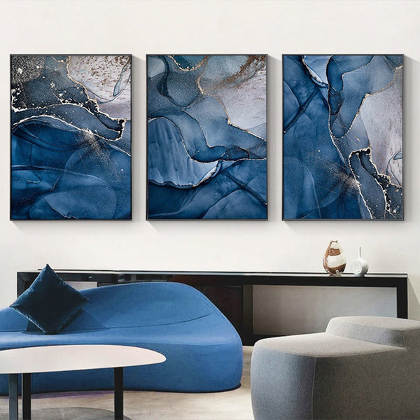 70Cmx100cm Blue Gold Marble 3 Sets Black Frame Canvas Wall Art