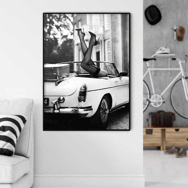 90Cmx135cm High Heels In Classic Car Black Frame Canvas Wall Art