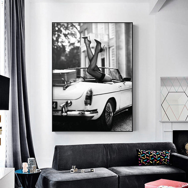100Cmx150cm High Heels In Classic Car Black Frame Canvas Wall Art