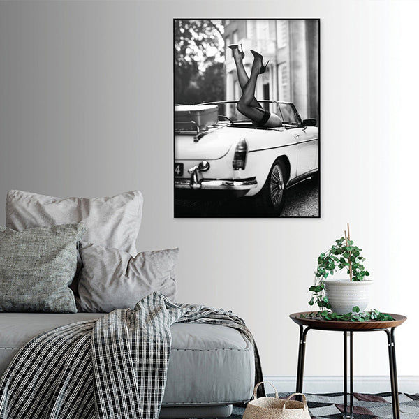 50Cmx70cm High Heels In Classic Car Black Frame Canvas Wall Art