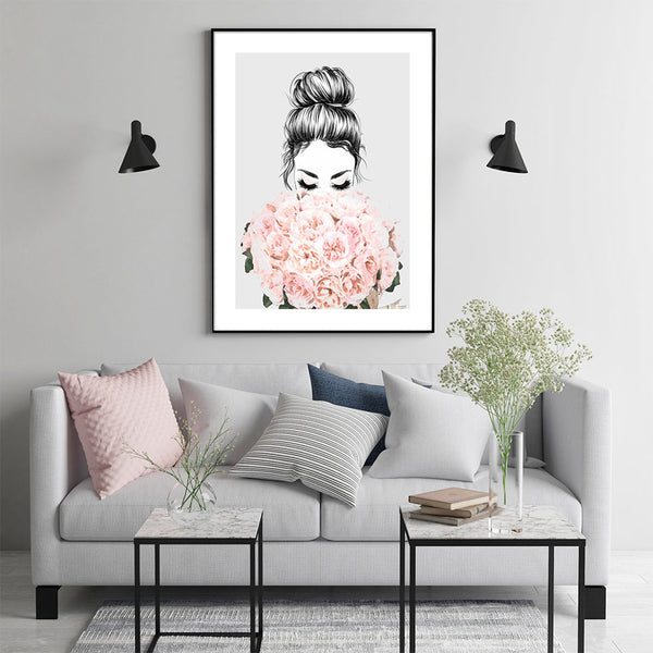 100Cmx150cm Roses Girl Black Frame Canvas Wall Art