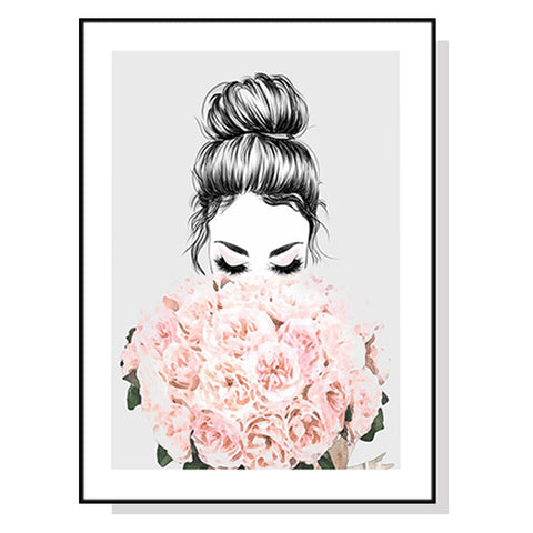 50Cmx70cm Roses Girl Black Frame Canvas Wall Art