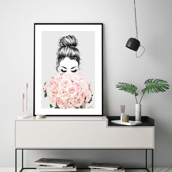 50Cmx70cm Roses Girl Black Frame Canvas Wall Art