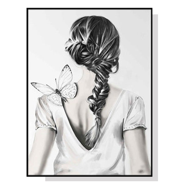 90Cmx135cm Woman Back With Butterfly Black Frame Canvas Wall Art