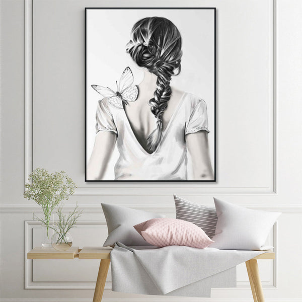 90Cmx135cm Woman Back With Butterfly Black Frame Canvas Wall Art