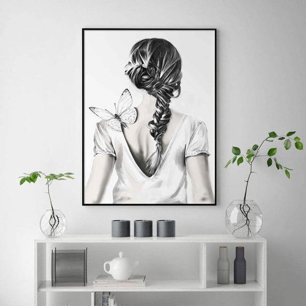 90Cmx135cm Woman Back With Butterfly Black Frame Canvas Wall Art
