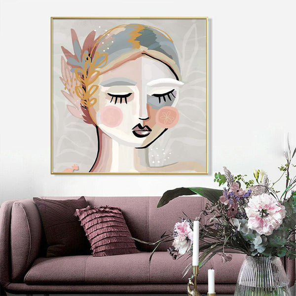 90Cmx90cm Calm Girl Gold Frame Canvas Wall Art