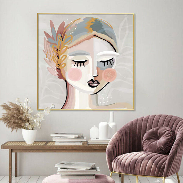 100Cmx100cm Calm Girl Gold Frame Canvas Wall Art