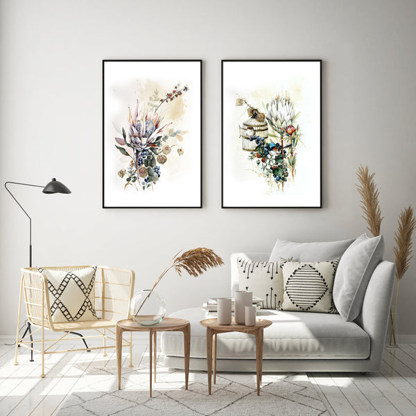 80Cmx120cm Berries And Protea Sets Black Frame Canvas Wall Art