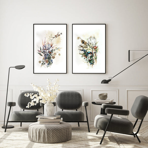 50Cmx70cm Berries And Protea 2 Sets Black Frame Canvas Wall Art