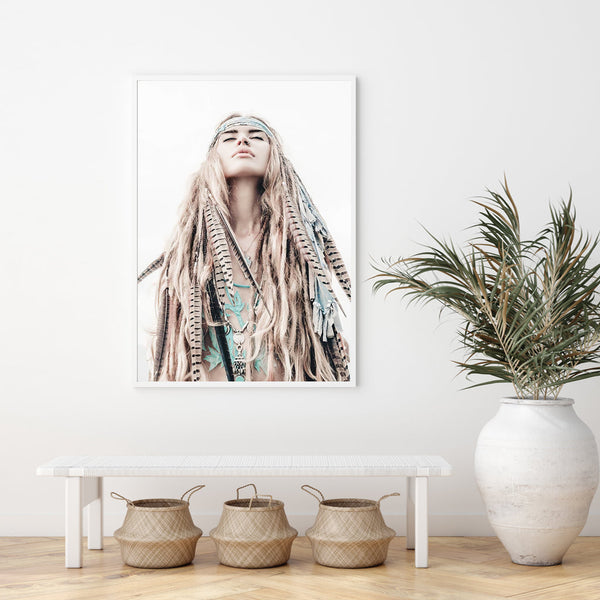 40Cmx60cm Boho Girl White Frame Canvas Wall Art