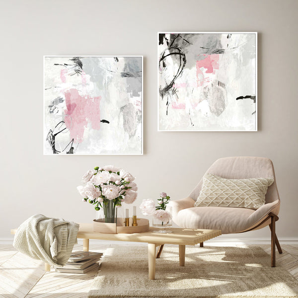100Cmx100cm Abstract Pink Grey 2 Sets White Frame Canvas Wall Art