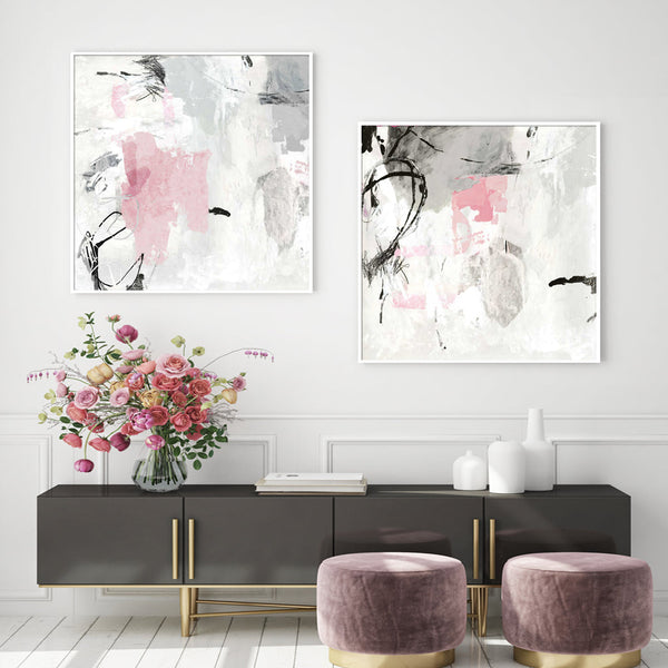50Cmx50cm Abstract Pink Grey 2 Sets White Frame Canvas Wall Art