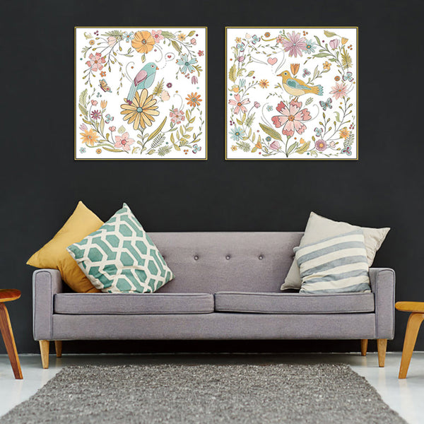 40Cm X Floral Birds 2 Sets Gold Frame Canvas Wall Art