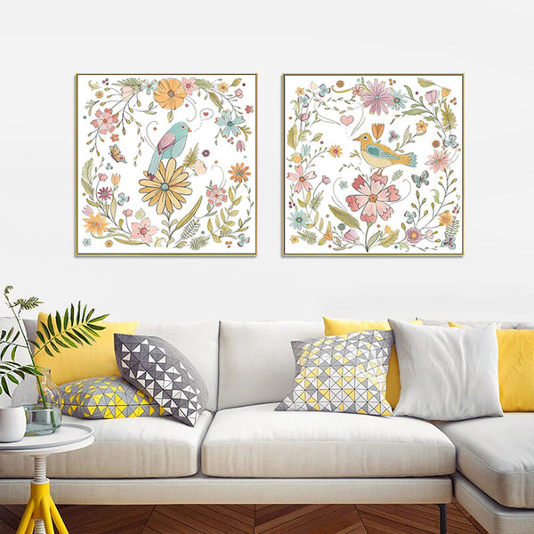80Cmx80cm Floral Birds 2 Sets Gold Frame Canvas Wall Art