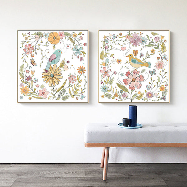 90Cmx90cm Floral Birds 2 Sets Gold Frame Canvas Wall Art
