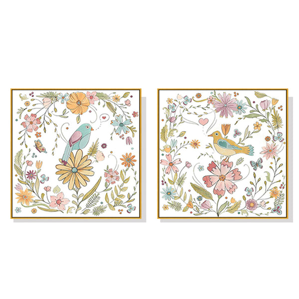 100Cmx100cm Floral Birds 2 Sets Gold Frame Canvas Wall Art