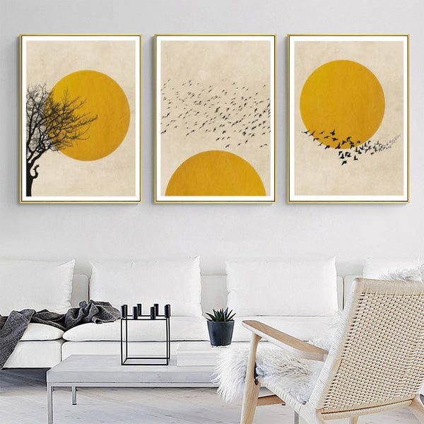 80Cmx120cm Flock Of Birds Sun Silhouette 3 Sets Gold Frame Canvas Wall Art