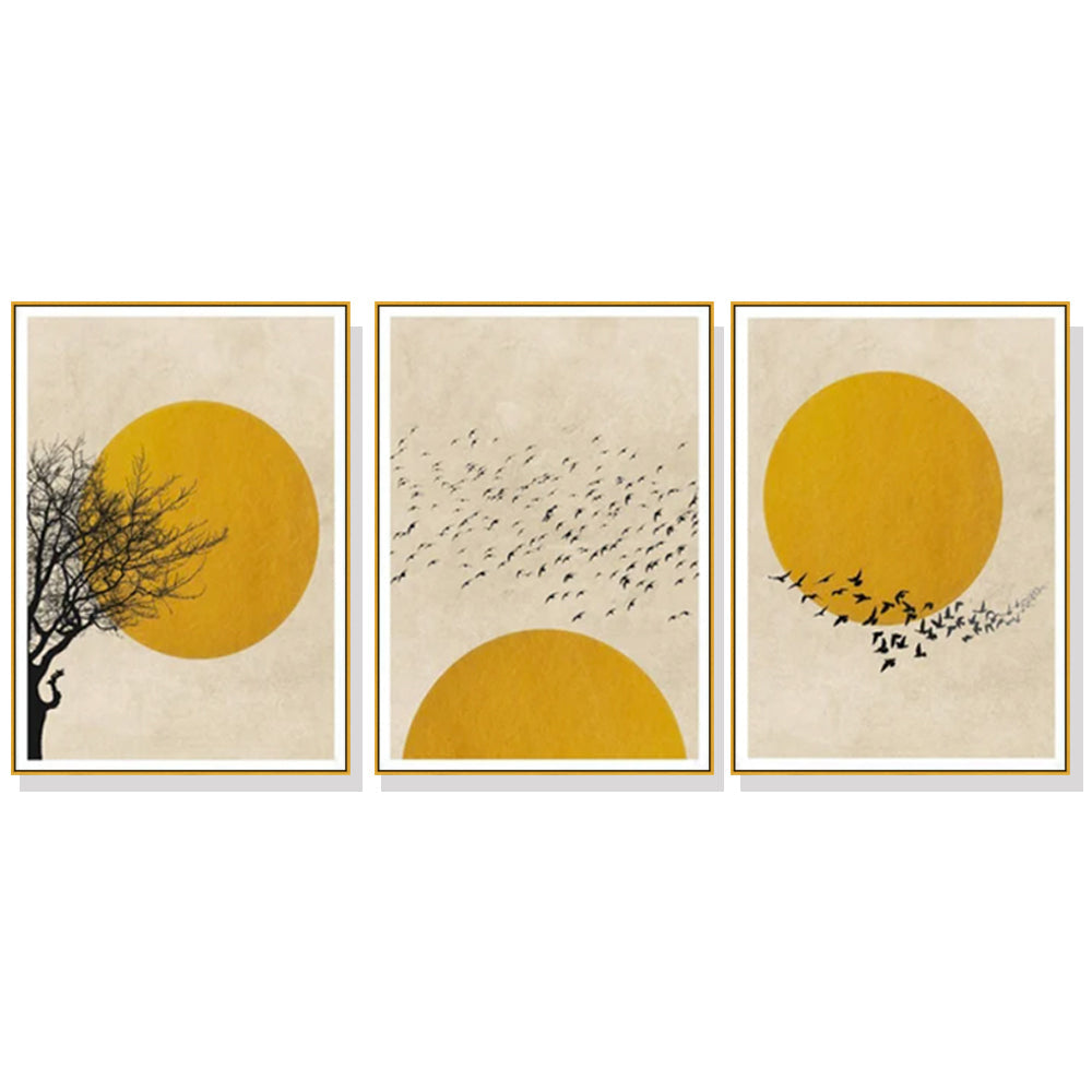 50Cmx70cm Flock Of Birds Sun Silhouette 3 Sets Gold Frame Canvas Wall Art