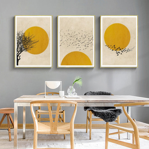 50Cmx70cm Flock Of Birds Sun Silhouette 3 Sets Gold Frame Canvas Wall Art