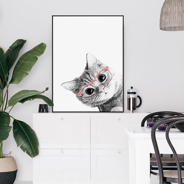 40Cmx60cm Cat With Glasses Black Frame Canvas Wall Art
