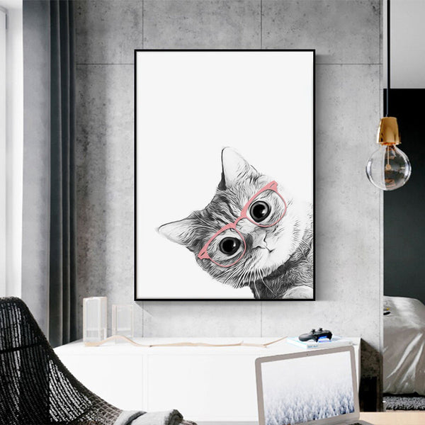 90Cmx135cm Cat With Glasses Black Frame Canvas Wall Art