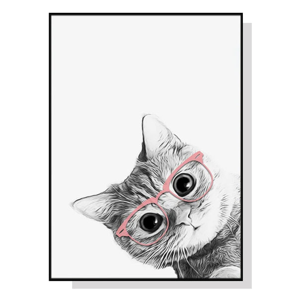 50Cmx70cm Cat With Glasses Black Frame Canvas Wall Art