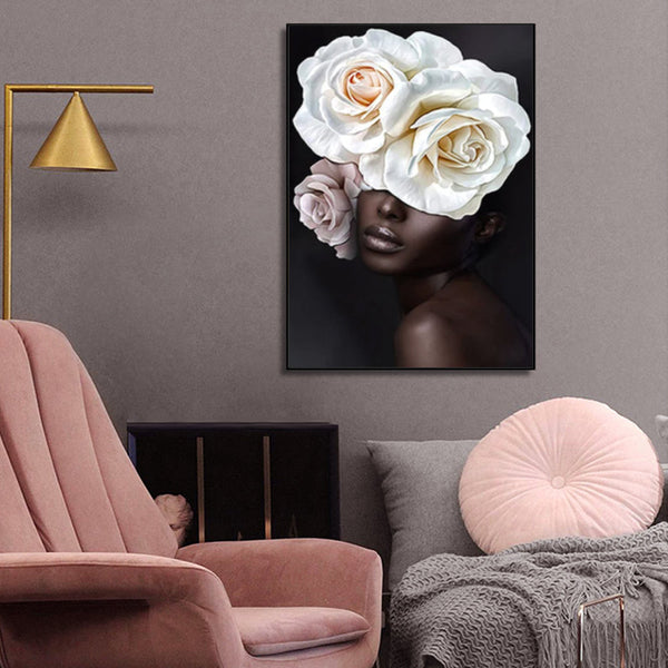 40Cmx60cm Flower African Woman Black Frame Canvas Wall Art