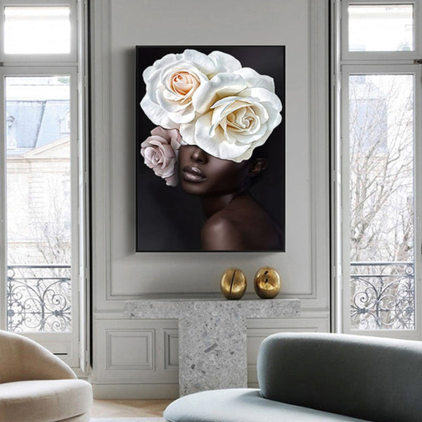 100Cmx150cm Flower African Woman Black Frame Canvas Wall Art