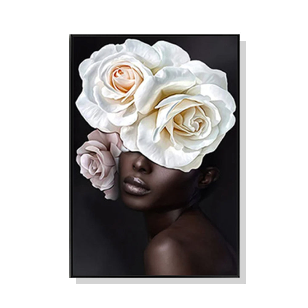 50Cmx70cm Flower African Woman Black Frame Canvas Wall Art
