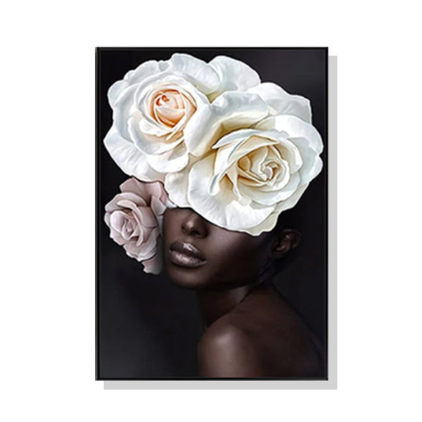 50Cmx70cm Flower African Woman Black Frame Canvas Wall Art