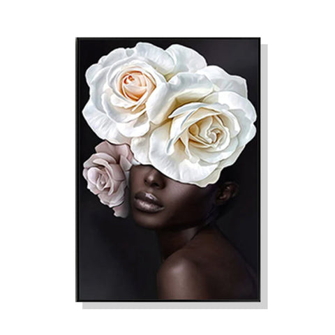 50Cmx70cm Flower African Woman Black Frame Canvas Wall Art