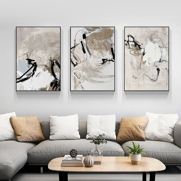 80Cmx120cm Modern Abstract Beige 3 Sets Black Frame Canvas Wall Art