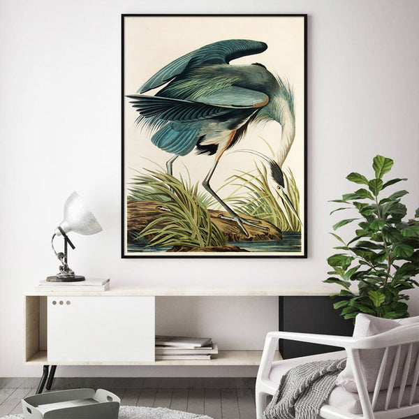 90Cmx135cm Great Blue Heron By John James Audubon Black Frame Canvas Wall Art