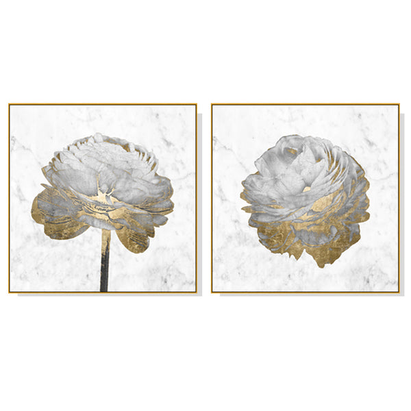 90Cmx90cm Gold And White Blossom On 2 Sets Frame Canvas Wall Art