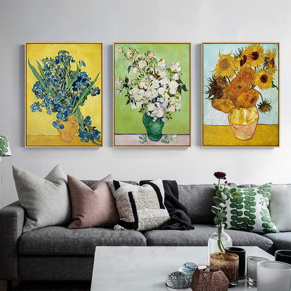 70Cmx100cm Van Gogh Sunflowers Roses 3 Sets Gold Frame Canvas Wall Art