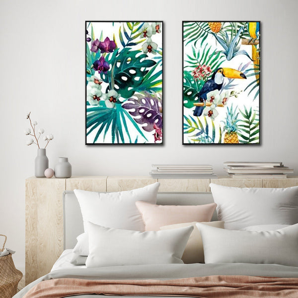90Cmx135cm Toucan And Orchid 2 Sets Black Frame Canvas Wall Art