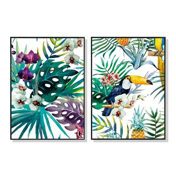 100Cm X 150Cm Toucan And Orchid 2 Sets Black Frame Canvas Wall Art