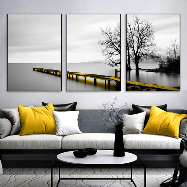 80Cmx120cm Calm Lake Bridge Tree Scene 3 Sets Black Frame Canvas Wall Art