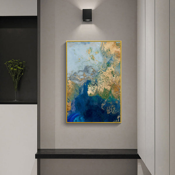 90Cmx135cm Marbled Blue Gold Artwork Frame Canvas Wall Art