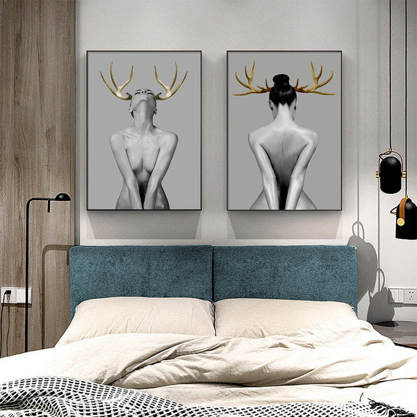 90Cmx135cm Girl With Gold Horn 2 Sets Black Frame Canvas Wall Art