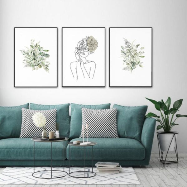 70Cmx100cm Botanical Line Girl 3 Sets Black Frame Canvas Wall Art