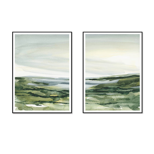 40Cmx60cm Watercolor Landscape 2 Sets Black Frame Canvas Wall Art