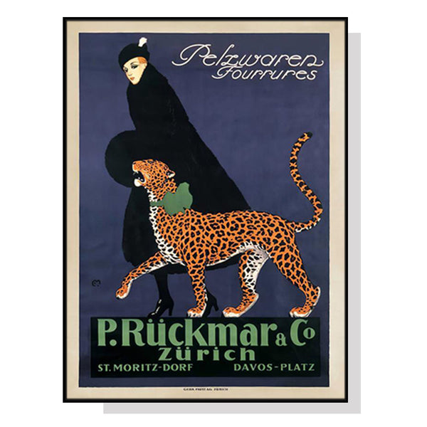 100Cm X 150Cm Woman Walking Leopard Vintage Black Frame Canvas Wall Art