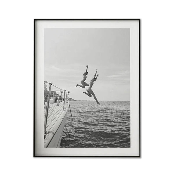 50Cmx70cm Black And White Ocean Jump Frame Canvas Wall Art