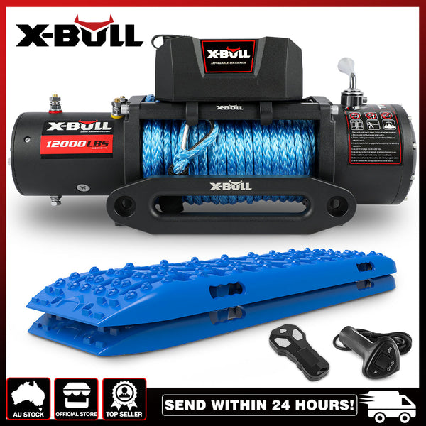 X Bull 12V Electric Winch 12000Lbs 4Wd Synthetic Rope/2Pcs Recovery Tracks Sand Mud Gen3.0 Blue Tow Bars & Winches