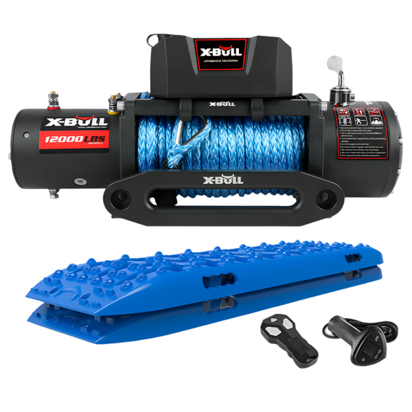 X Bull 12V Electric Winch 12000Lbs 4Wd Synthetic Rope/2Pcs Recovery Tracks Sand Mud Gen3.0 Blue Tow Bars & Winches